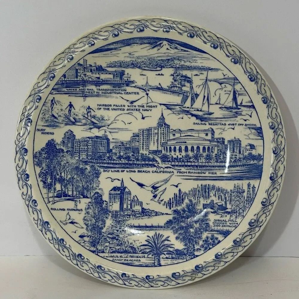 Vernon Kilns White and Blue Long Beach, California Plate 10.25”